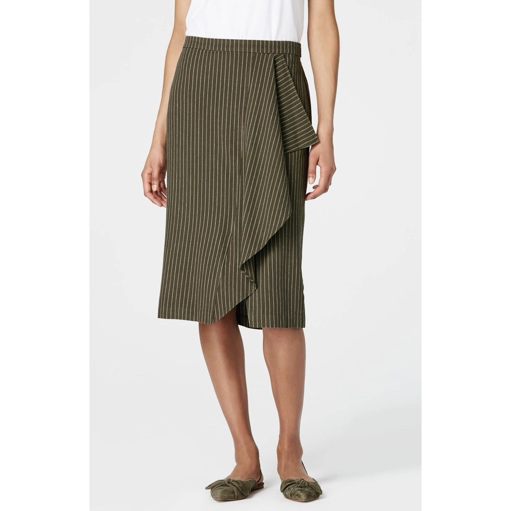 J. Jill Women S Moss Green Asymmetric Drape Front Pinstripe Linen Midi Skirt NWT - Picture 9 of 12